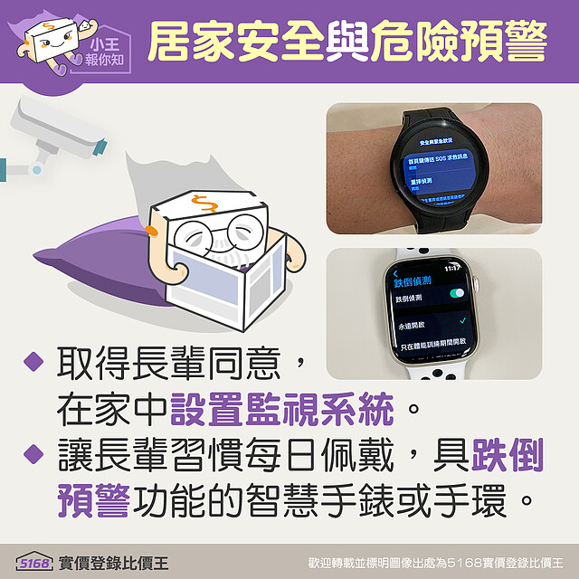 可於家中設置監視系統,或請長輩佩戴具有跌倒預警的智慧手錶或手環 5168實價登錄比價王